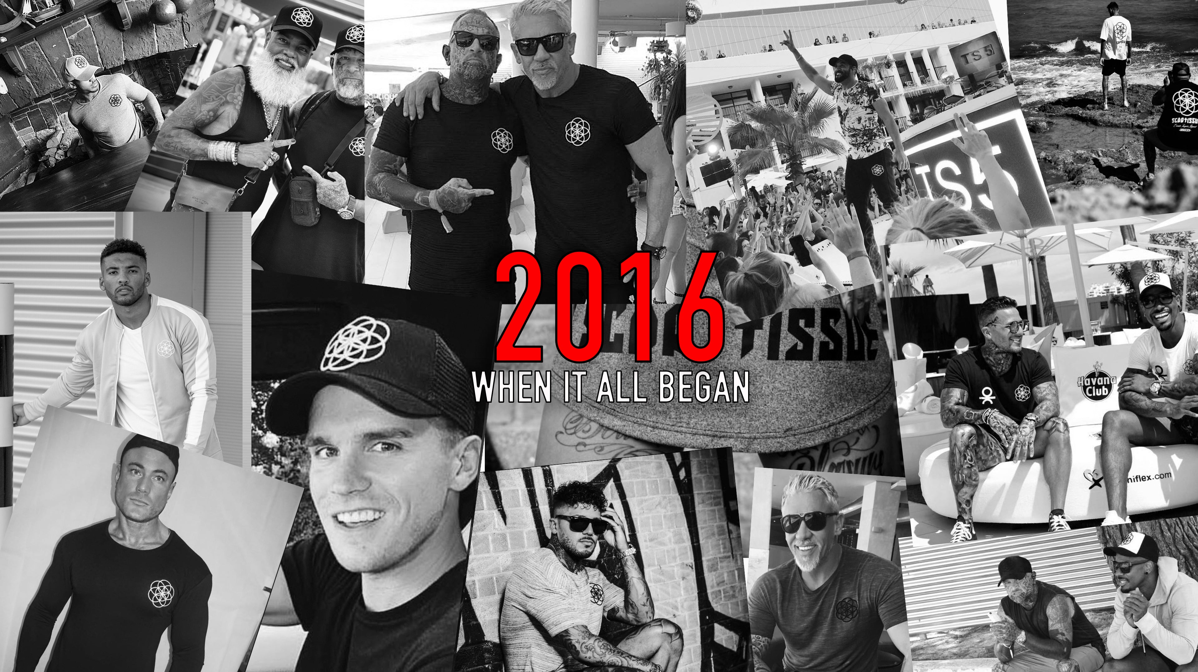 Collage of people in various poses wearing ScarTissue clothing with text '2016 - When It All Began' in the center.